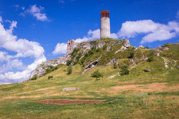 Fototapeta na wymiar Hill with tower of Olsztyn Castle on the Trail of Eagles Nests in small village Olsztyn, Silesia region in Poland