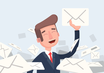 Businessman found right letter in a pile of emails. A lot of emails, spam, direct mail.