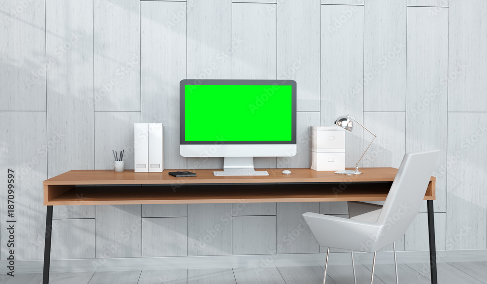 Poster Modern workplace interior with computer and devices 3D rendering