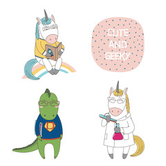 Hand drawn vector illustration of a cute funny cartoon unicorns, with a book, in a lab coat, dragon in glasses, holding a comic book, text. Isolated objects. Design concept children, geek culture