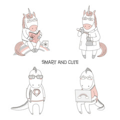 Set of hand drawn vector illustrations of cute funny cartoon dragons, unicorns in glasses, with book, comics, laptop, in lab coat, text. Isolated objects. Design concept for children, geek culture.