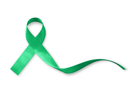 Green ribbon awareness symbolic bow for Kidney, Gallbladder, Bile Duct Cancer, Glaucoma, Leukemia, Traumatic Brain Injury, and Mental Health illness (bow isolated on white with clipping path)