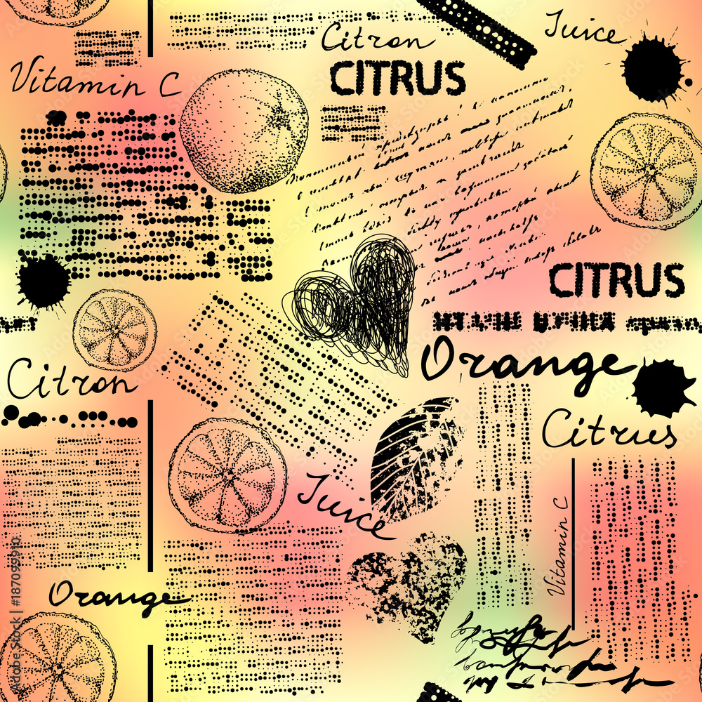 Poster Seamless background pattern. Imitation of halftone newspaper with citrus and oranges.