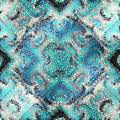Seamless background pattern. Irregular decorative geometric mosaic art tile pattern from uneven broken pieces. Turquiose colors mosaic.