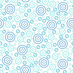 Sewing seamless pattern with buttons. Cute vector flat line illustration of hand made equipment. Blue background for tailor store.