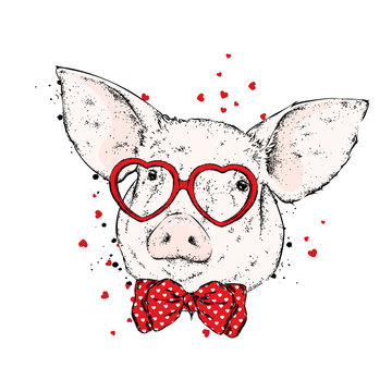 Pig with glasses in the form of hearts and with a tie. Vector illustration for a postcard or a poster. Piglet in clothes and accessories. Animal.
