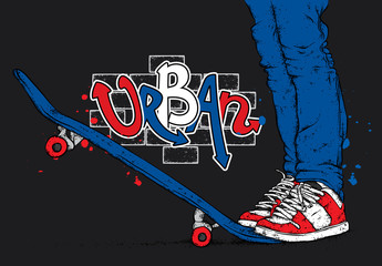 Stylish skater in jeans and sneakers. Skateboard. Vector illustration for a postcard or a poster, print for clothes. Street cultures.