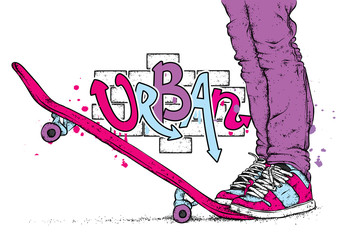 Stylish skater in jeans and sneakers. Skateboard. Vector illustration for a postcard or a poster, print for clothes. Street cultures.
