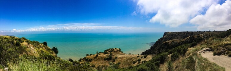 Limestone cliffs near Cape Kidnappers Golf course, with views of South Pacific Ocean, New Zealand