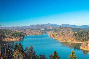      Panoramic view of Lokvarsko lake, beautiful mountain autumn landscape, Lokve, Gorski kotar, Croatia 