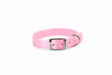 Pet supplies about collars of pink isolated on white background.