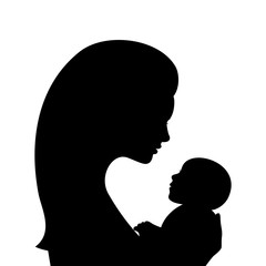 Mother and newborn baby profile silhouettes, isolated