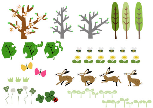 野兎と春の素材集。春の生物。春の植物。シーズンのイラスト。