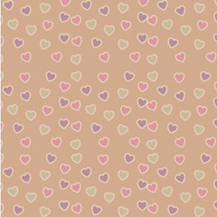 Romantic background. Vector texture of small transparent hearts pink, purple and green. Gentle beautiful pattern.