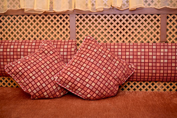 Two red pillows on the sofa