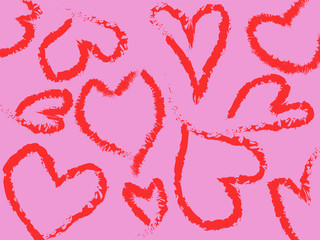 Abstract pattern of red hearts on pink background. Vector or illustration with minimalist motive for valentines day.