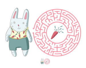 Children's round maze with rabbit and carrot. Cute puzzle game for kids, vector labyrinth illustration.