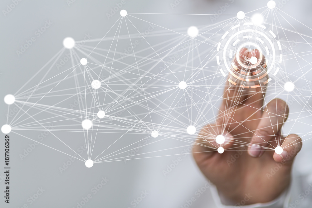 Poster  Neural network concept. Connected cells with links. High technology process. Abstract background 