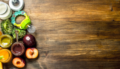Baby food. Variety of baby purees from fruits and vegetables.