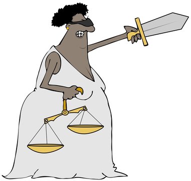 Illustration of a black Lady Justice, blindfolded, carrying a sword and carrying scales.
