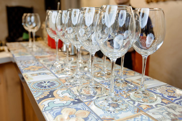 Crystal wine glasses on the table