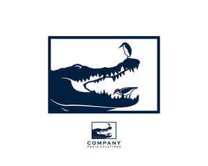 Strong Crocodile and Little Bird on the Mouth Illustration Symbol Modern Logo Square Vector