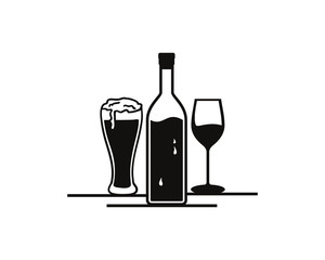 Black Alcohol Bottle and Glass Beer Drink for Bar Illustration Symbol Modern logo Vector 