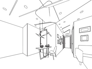 outline sketch drawing interior perspective of house