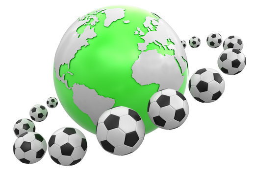 Soccer footballs around Globe. Image with clipping path