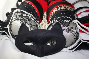 Black mysterious female ball mask and lacy bras erotic lingerie