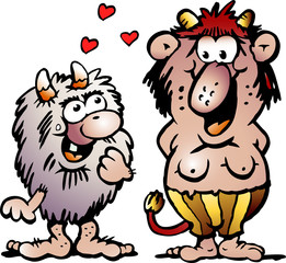 Fototapeta premium Cartoon Vector illustration of two funny goblins or troll monsters fall in Love