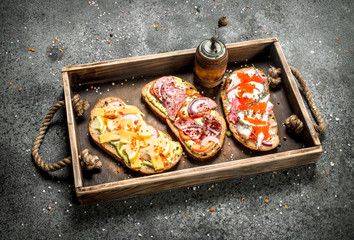 Various sandwiches with seafood, meat and vegetables on an old tray.