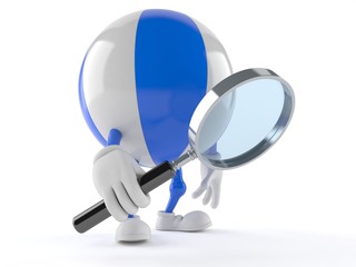 Beach ball character looking through magnifying glass