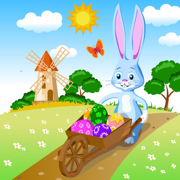 Easter postcard story scene hare garden cart lucky painted eggs field flowers trees mill blue sky clouds sun cartoon style