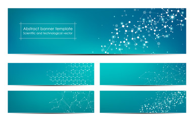 Set of abstract banner design, dna molecule structure background. Geometric graphics and connected lines with dots. Scientific and technological concept, vector illustration.
