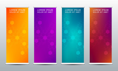 Abstract roll up banner for presentation and publication. Scientific, technological and medical template. Molecule structure background, vector illustration.