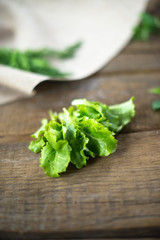 Leaves of fresh salad on a wooden background.