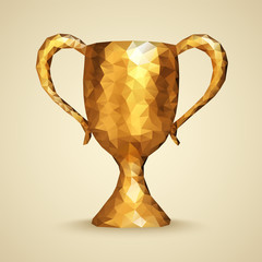 Golden trophy with triangles. Cup winner first place. World Cup