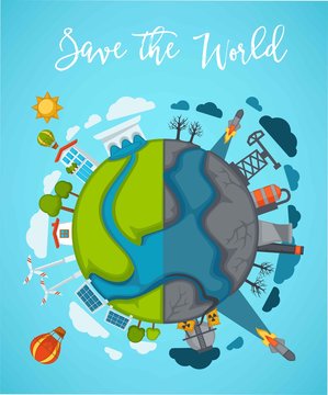 Save world agitation poster with globe divided in half