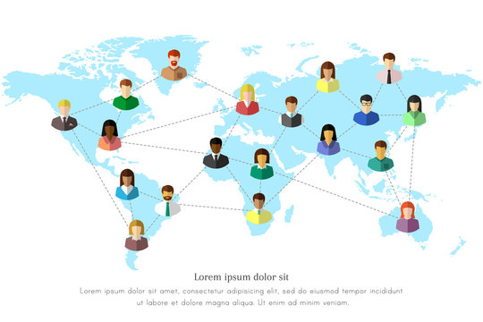 Diverse People And World Map Concept With Dotted Line As Global Connection Symbol. Colorful Flat Design On White Background.