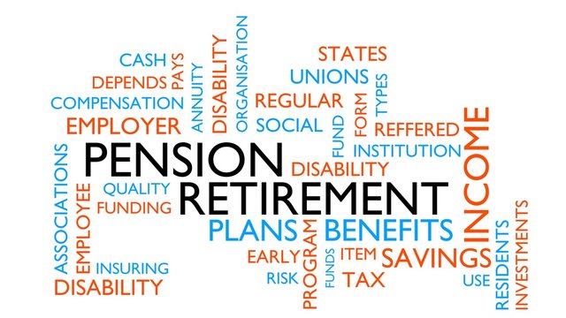 Pension, retirement word tag cloud. 3D rendering, white variant.