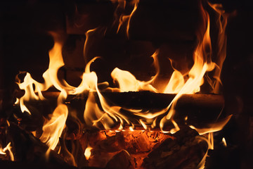 Closeup of firewood burning in the fireplace