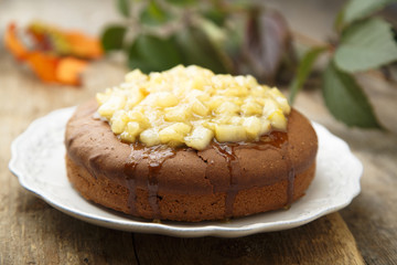 Chocolate cake with caramelized pears