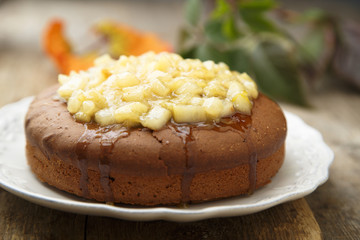 Chocolate cake with caramelized pears