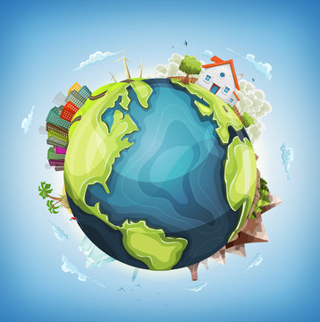 Earth Planet Background With House and Nature