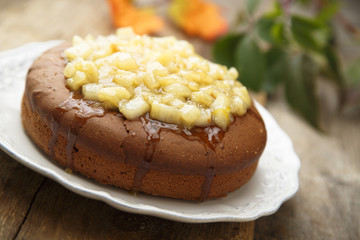 Chocolate cake with caramelized pears