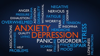 Anxiety, depression, stress, disorder word tag cloud. 3D rendering, blue variant.