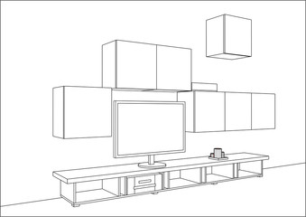 3D vector sketch. TV cabinet and entertainment center with appliances and decors. Modern living room interior. Modern creative TV furniture. Home Interior Design Software Programs. Project management