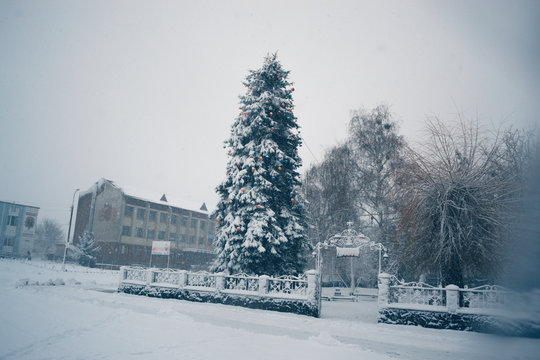 Winter day in a snowfall in the town.
