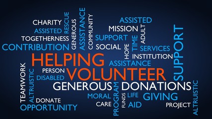 Helping, volunteer, support, donations word tag cloud. 3D rendering, blue variant.